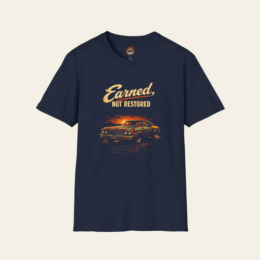 Navy Blue t-shirt with a vintage muscle car graphic and “Earned, Not Restored” lettering.