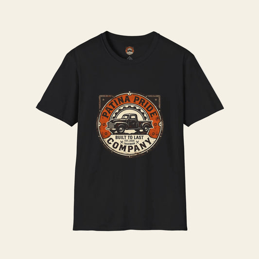 Black t-shirt with the Patina Pride logo printed on the front.