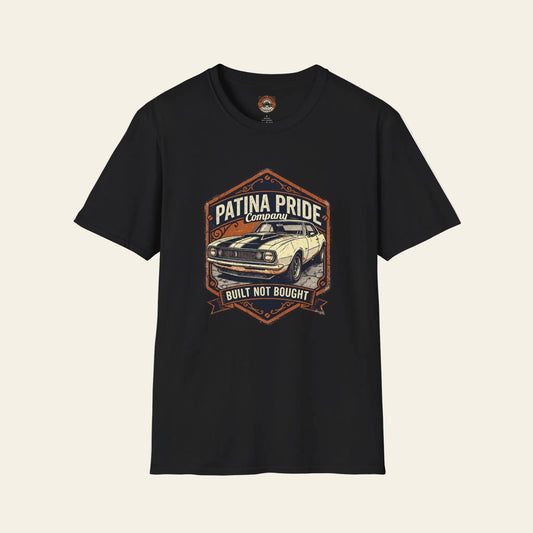 Black t-shirt with Patina Pride Company 'Built Not Bought' graphic on the front.