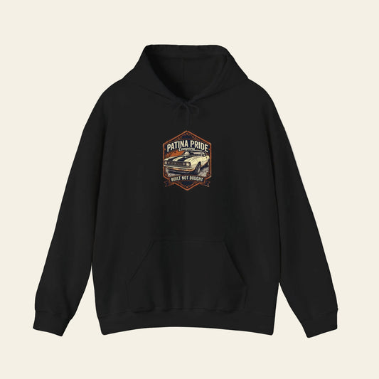Black hoodie with a 'Patina Pride' logo on a white background